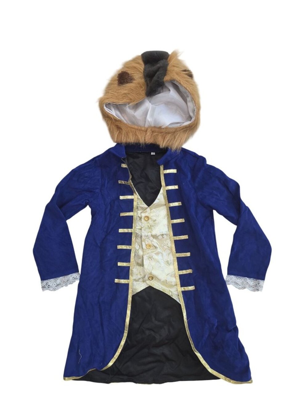 Disney Beast Halloween Costume Hooded Mask & Royal Blue Jacket Lace Cuffs Size S